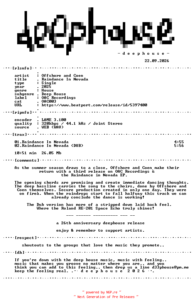 NFO for the release Offshore_and_Coen--Raindance_In_Nevada-(OAC003)-WEB-2025-dh by dh