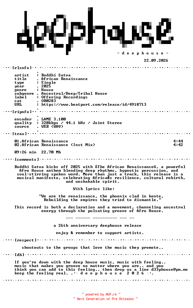 NFO for the release Boddhi_Satva--African_Renaissance-(OR0283)-WEB-2025-dh by dh