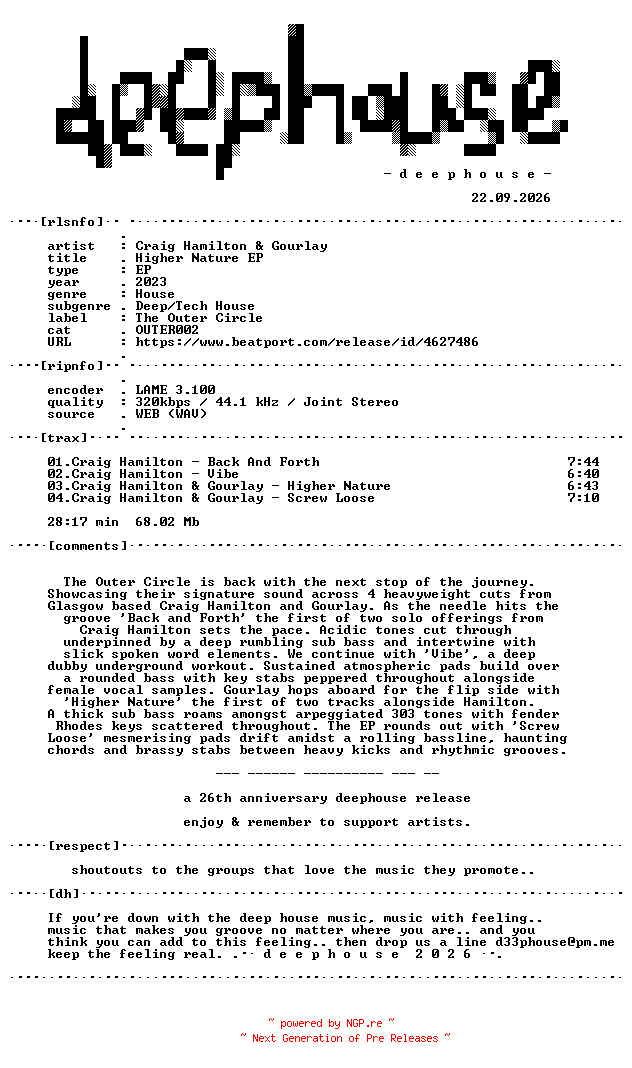 NFO for the release Craig_Hamilton_and_Gourlay--Higher_Nature_EP-(OUTER002)-WEB-2023-dh by dh