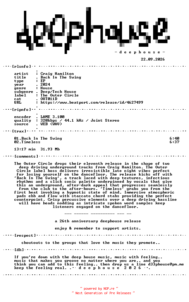 NFO for the release Craig_Hamilton--Back_In_The_Swing-(OUT011D)-WEB-2024-dh by dh