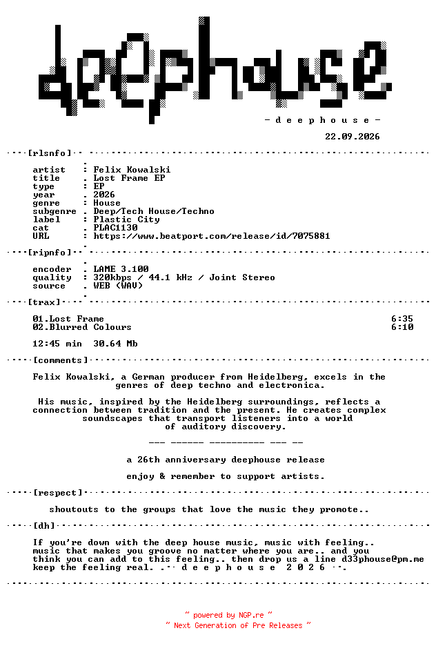 NFO for the release Felix_Kowalski--Lost_Frame_EP-(PLAC1130)-WEB-2026-dh by dh