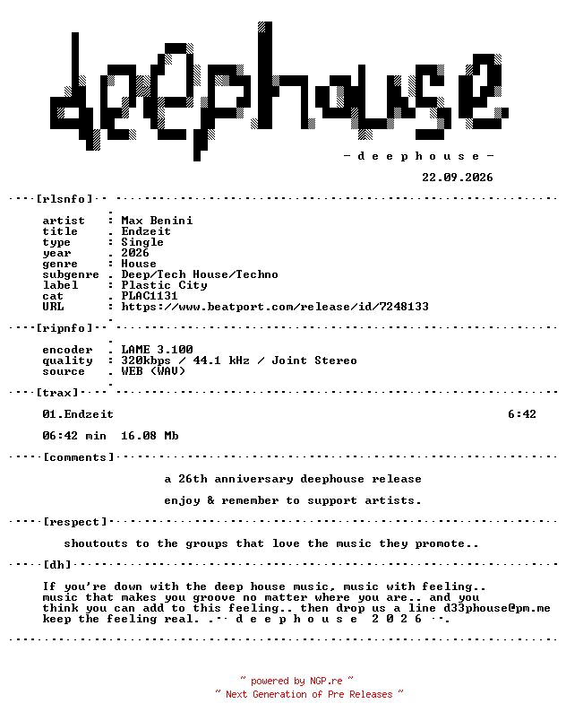 NFO for the release Max_Benini--Endzeit-(PLAC1131)-SINGLE-WEB-2026-dh by dh