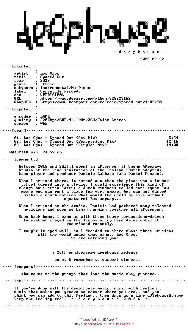 NFO for the release Los_Ojos--Spaced_Out-(VERDIGI006)-WEB-2023-dh by dh