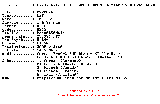 NFO for the release Girls.Like.Girls.2026.GERMAN.DL.2160P.WEB.H265-WAYNE by WAYNE