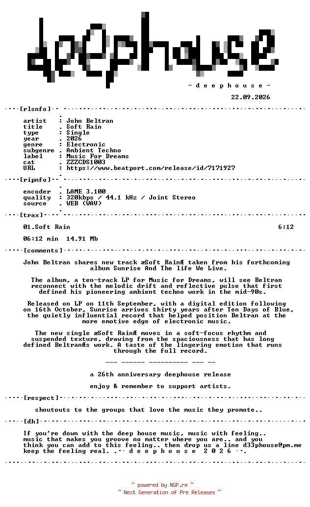 NFO for the release John_Beltran--Soft_Rain-(ZZZCDS1003)-SINGLE-WEB-2026-dh by dh