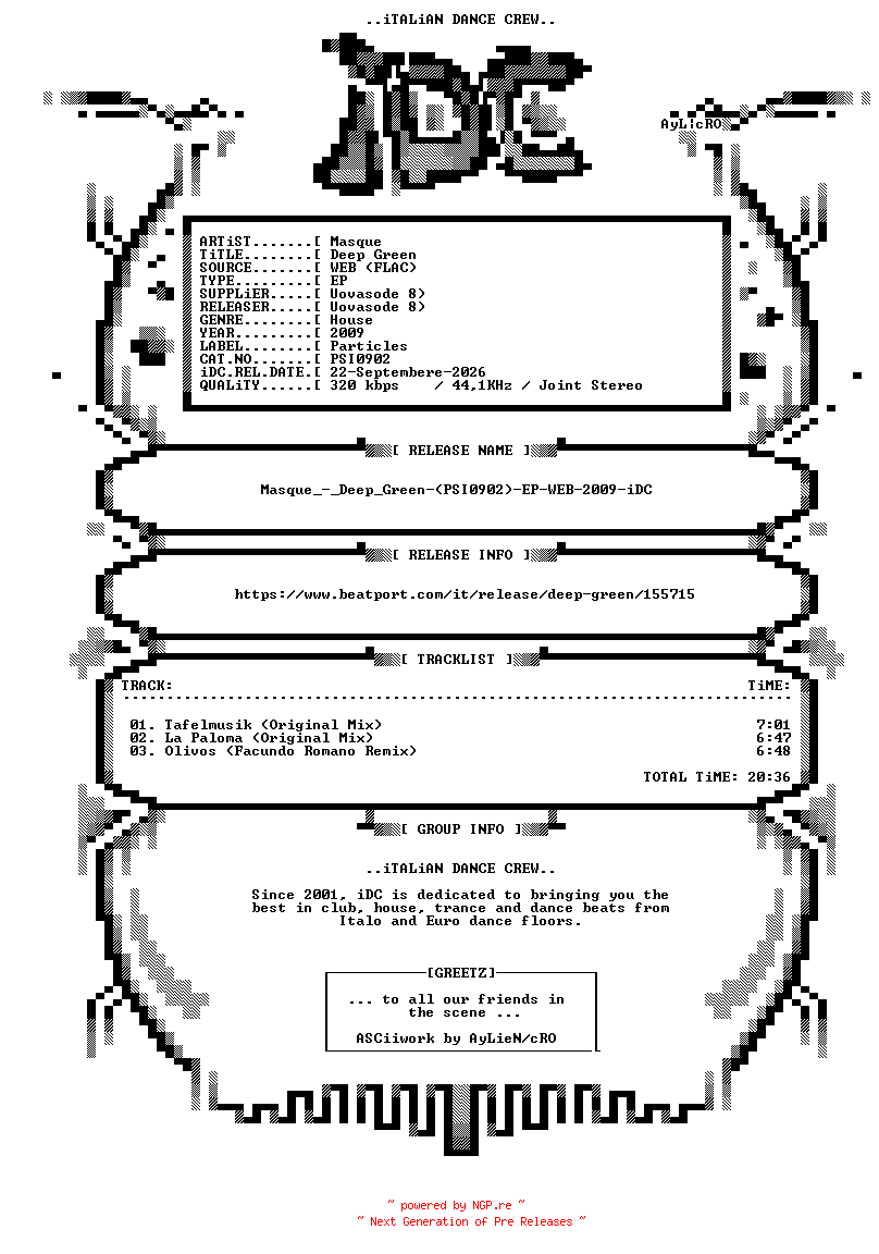 NFO for the release Masque_-_Deep_Green-(PSI0902)-EP-WEB-2009-iDC by iDC