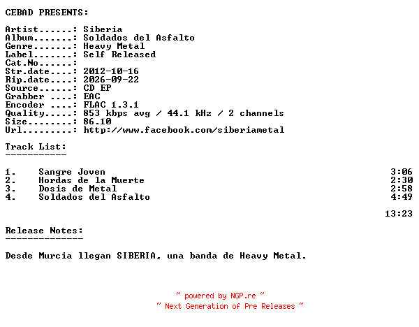 NFO for the release Siberia-Soldados_Del_Asfalto-ES-CDEP-FLAC-2012-CEBAD by CEBAD