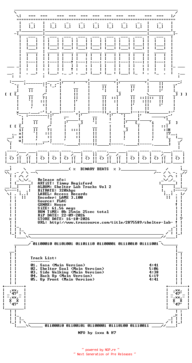 NFO for the release Timmy_Regisford-Shelter_Lab_Tracks_Vol_2-(ACESSS93)-WEB-2026-BB by BB