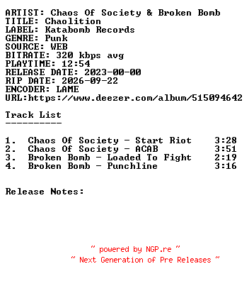 NFO for the release Chaos_Of_Society_and_Broken_Bomb-Chaolition-WEB-2023-SDR by SDR