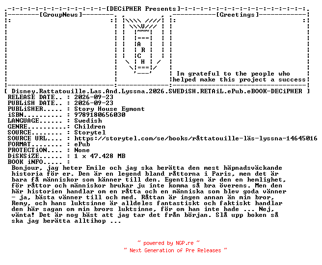 NFO for the release Disney.Rattatouille.Las.And.Lyssna.2026.SWEDiSH.RETAiL.ePub.eBOOK-DECiPHER by DECiPHER
