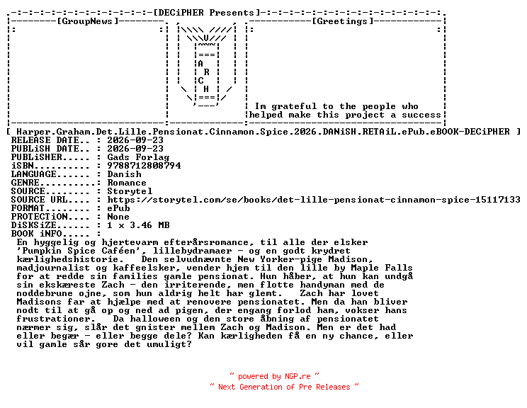 NFO for the release Harper.Graham.Det.Lille.Pensionat.Cinnamon.Spice.2026.DANiSH.RETAiL.ePub.eBOOK-DECiPHER by DECiPHER