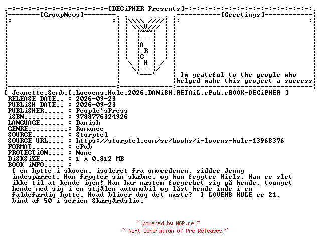 NFO for the release Jeanette.Semb.I.Loevens.Hule.2026.DANiSH.RETAiL.ePub.eBOOK-DECiPHER by DECiPHER