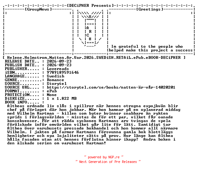 NFO for the release Helene.Holmstrom.Natten.Ar.Var.2026.SWEDiSH.RETAiL.ePub.eBOOK-DECiPHER by DECiPHER