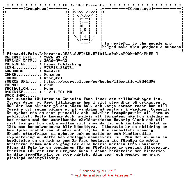 NFO for the release Piona.Di.Polo.Liberatio.2026.SWEDiSH.RETAiL.ePub.eBOOK-DECiPHER by DECiPHER
