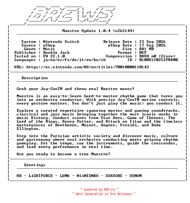 NFO for the release Maestro_Update_v1.0.4_NSW-BREWS by BREWS