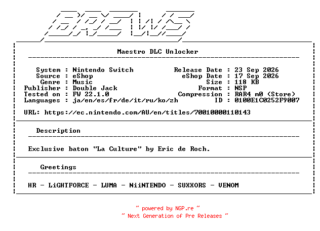 NFO for the release Maestro_DLC_Unlocker_NSW-BREWS by BREWS