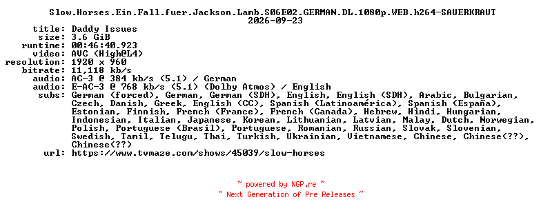 NFO for the release Slow.Horses.Ein.Fall.fuer.Jackson.Lamb.S06E02.GERMAN.DL.1080p.WEB.h264-SAUERKRAUT by SAUERKRAUT