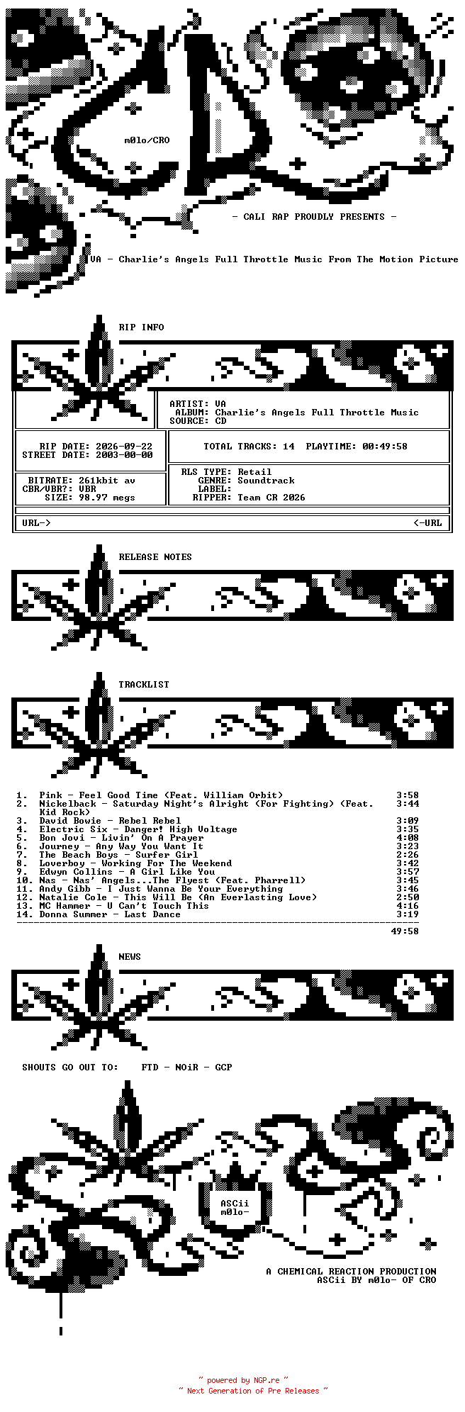 NFO for the release VA-Charlies_Angels_Full_Throttle_Music_From_The_Motion_Picture-OST-2003-CR_INT by CR_INT