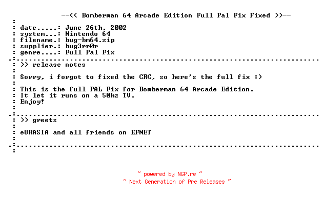 NFO for the release Bomberman_64_Arcade_Edition_Full_Pal_Fix_FIXED_N64-bug by bug