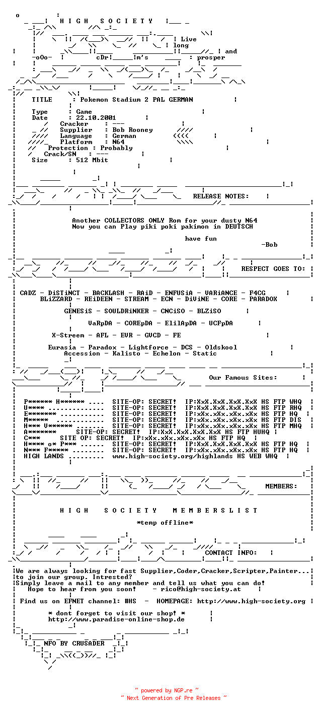 NFO for the release Pokemon_Stadium_2_PAL_GERMAN_N64-HS by HS