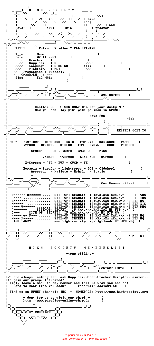 NFO for the release Pokemon_Stadium_2_PAL_SPANISH_N64-HS by HS