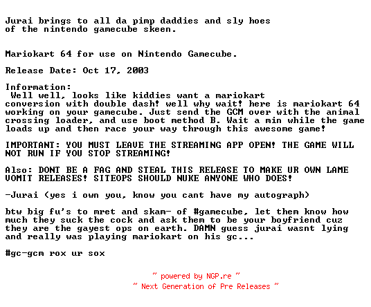 NFO for the release Mario_Kart_N64_USA_NGC-Jurai by Jurai