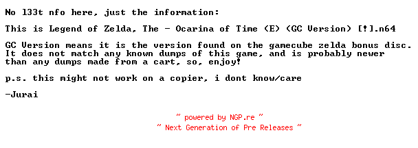 NFO for the release Legend_of_Zelda_Ocarina_of_Time_GC_Version_PAL_N64-JURAI by JURAI