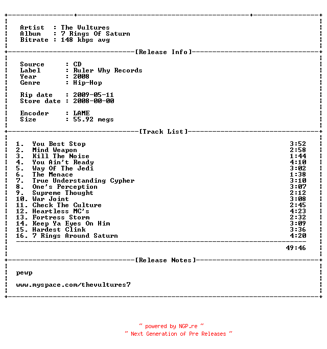 NFO for the release The_Vultures-7_Rings_Of_Saturn-2008-pLAN9 by pLAN9