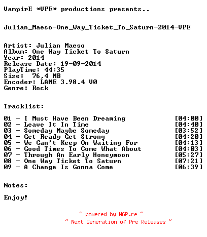 NFO for the release Julian_Maeso-One_Way_Ticket_To_Saturn-2014-VPE by VPE