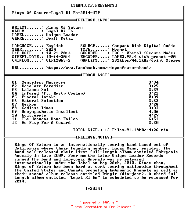 NFO for the release Rings_Of_Saturn-Lugal_Ki_En-2014-UTP by UTP