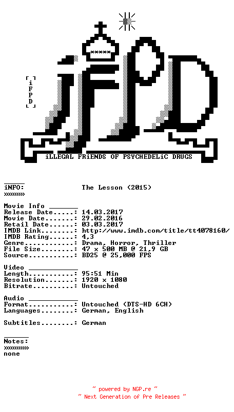 NFO for the release The.Lesson.2015.DUAL.COMPLETE.BLURAY-iFPD by iFPD
