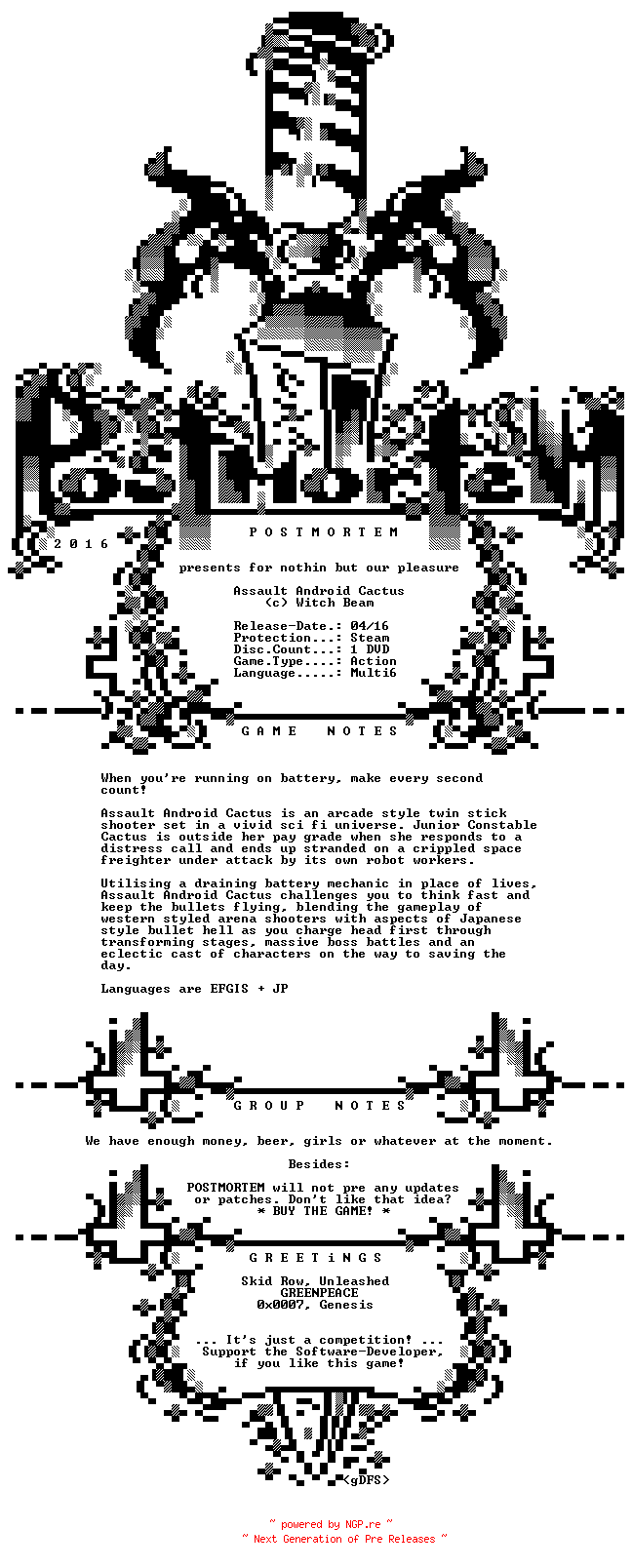 NFO for the release Assault.Android.Cactus.MULTI6-POSTMORTEM by POSTMORTEM