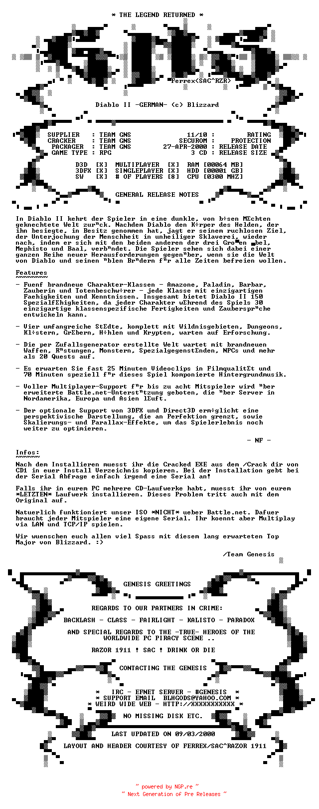 NFO for the release Diablo_II_GERMAN-GENESIS___repacked by GENESIS___repacked