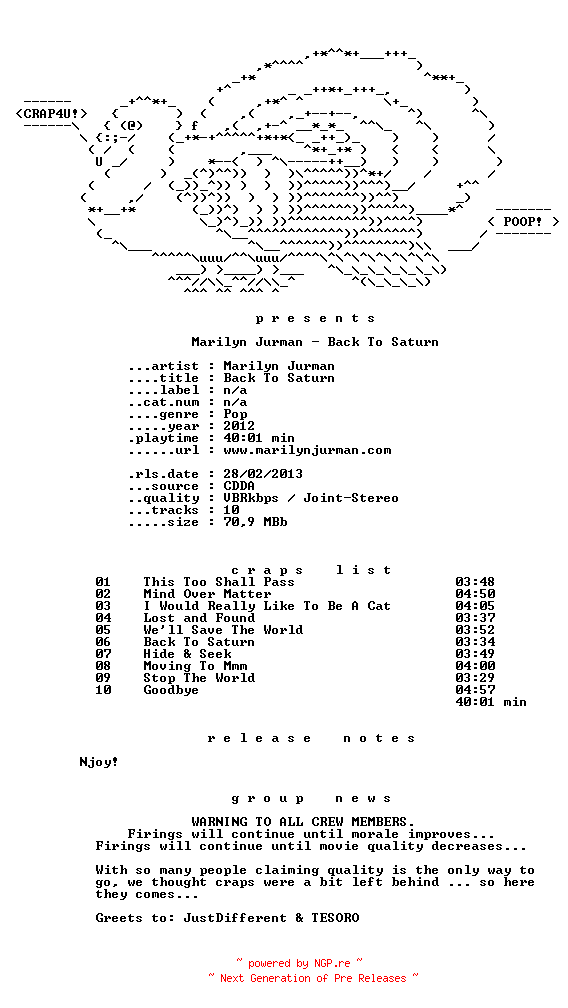 NFO for the release marilyn_jurman-back_to_saturn-ee-2012-crap4u by crap4u