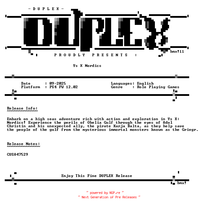 NFO for the release Ys.X.Nordics.PS4-DUPLEX by DUPLEX