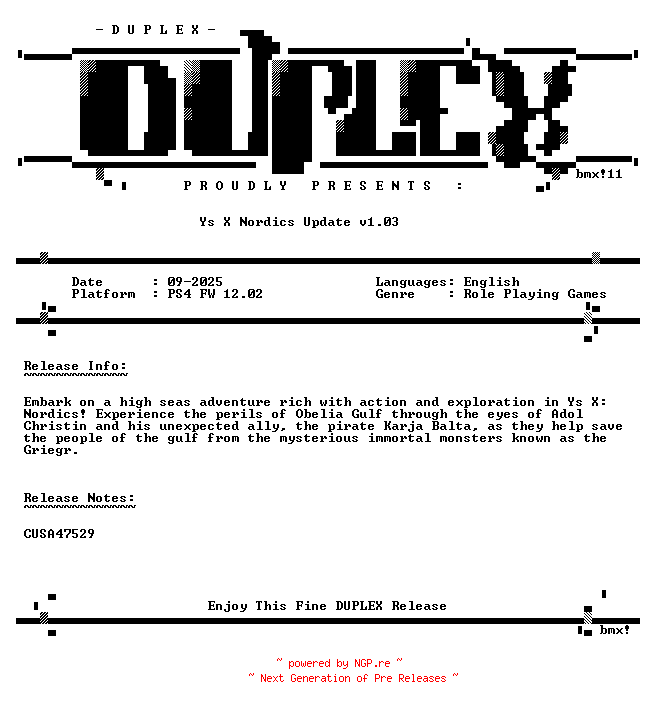 NFO for the release Ys.X.Nordics.Update.v1.03.PS4-DUPLEX by DUPLEX