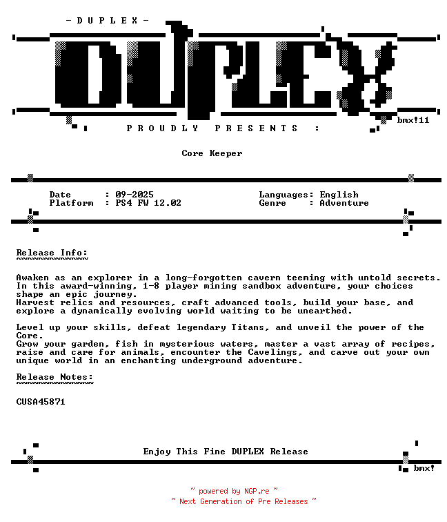 NFO for the release Core.Keeper.PS4-DUPLEX by DUPLEX