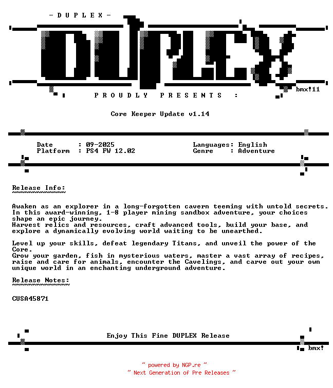NFO for the release Core.Keeper.Update.v1.14.PS4-DUPLEX by DUPLEX