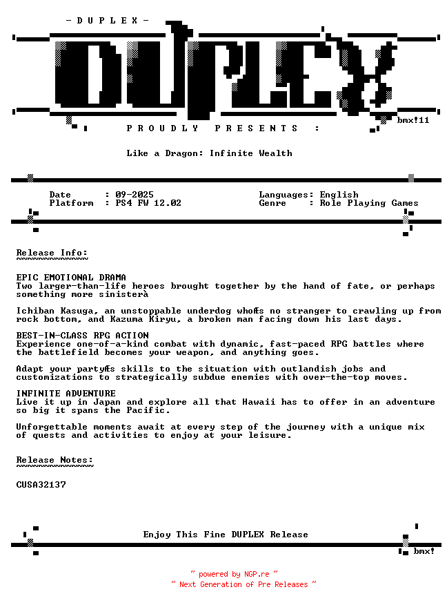 NFO for the release Like.a.Dragon.Infinite.Wealth.PS4-DUPLEX by DUPLEX