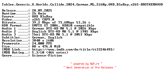 NFO for the release Taklee.Genesis.X.Worlds.Collide.2024.German.ML.2160p.UHD.BluRay.x265-BROTHERHOOD by BROTHERHOOD