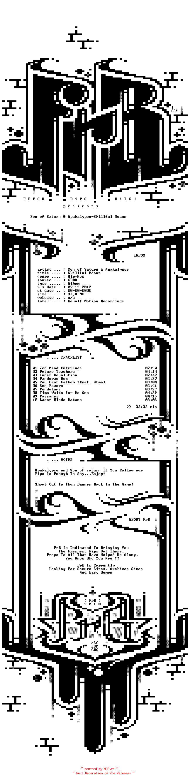 NFO for the release son_of_saturn_and_apakalypse-skillful_meanz-cdr-2012-frb by frb