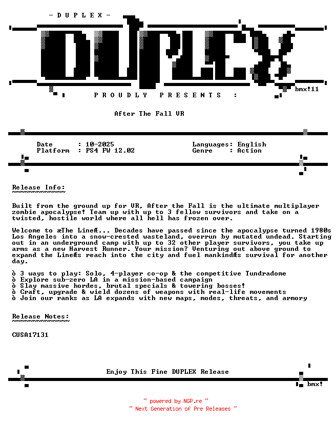 NFO for the release After.The.Fall.VR.PS4-DUPLEX by DUPLEX