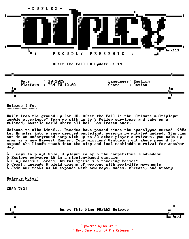NFO for the release After.The.Fall.VR.Update.v1.14.PS4-DUPLEX by DUPLEX