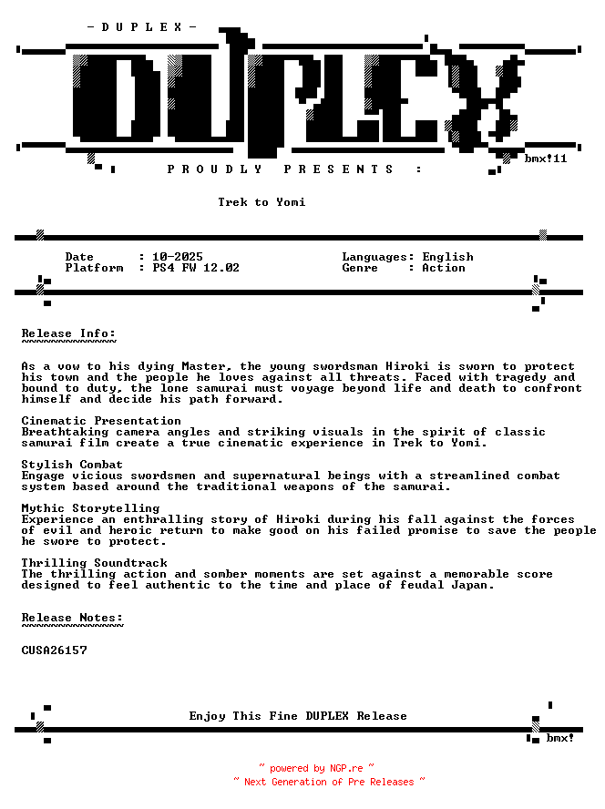 NFO for the release Trek.to.Yomi.PS4-DUPLEX by DUPLEX