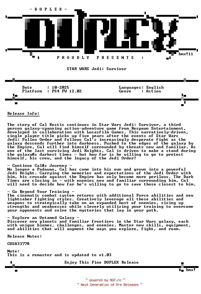 NFO for the release STAR.WARS.Jedi.Survivor.PS4-DUPLEX by DUPLEX