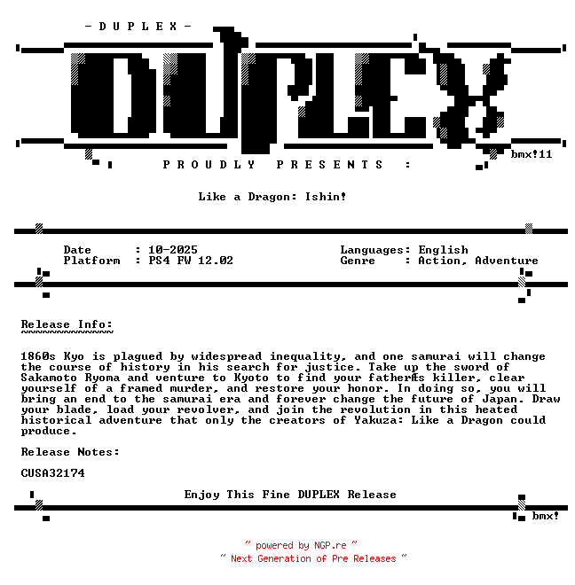 NFO for the release Like.a.Dragon.Ishin.PS4-DUPLEX by DUPLEX