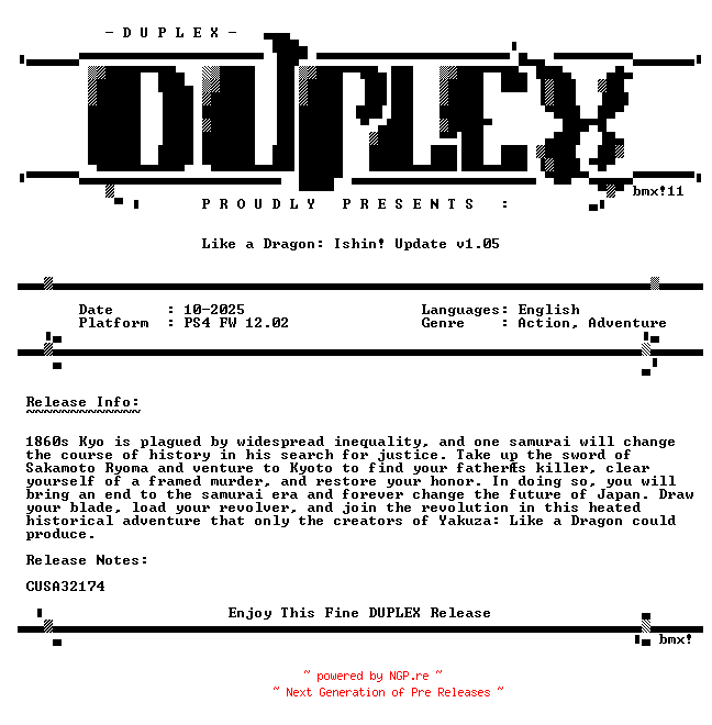 NFO for the release Like.a.Dragon.Ishin.Update.v1.05.PS4-DUPLEX by DUPLEX