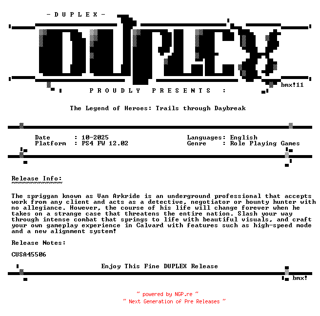 NFO for the release The.Legend.of.Heroes.Trails.through.Daybreak.PS4-DUPLEX by DUPLEX
