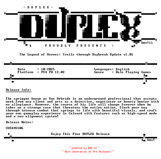NFO for the release The.Legend.of.Heroes.Trails.through.Daybreak.Update.v1.01.PS4-DUPLEX by DUPLEX