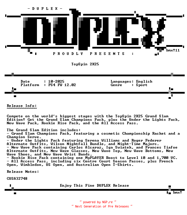 NFO for the release TopSpin.2K25.PS4-DUPLEX by DUPLEX
